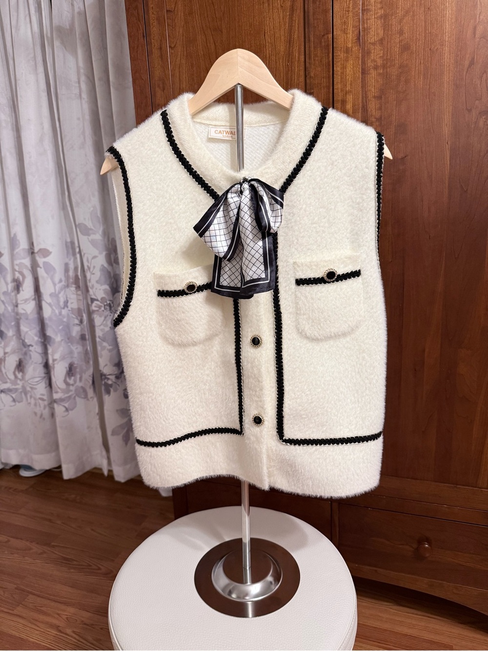 Classic Cream Bouclé Vest with Black Trim - women’s Jackets & Coats